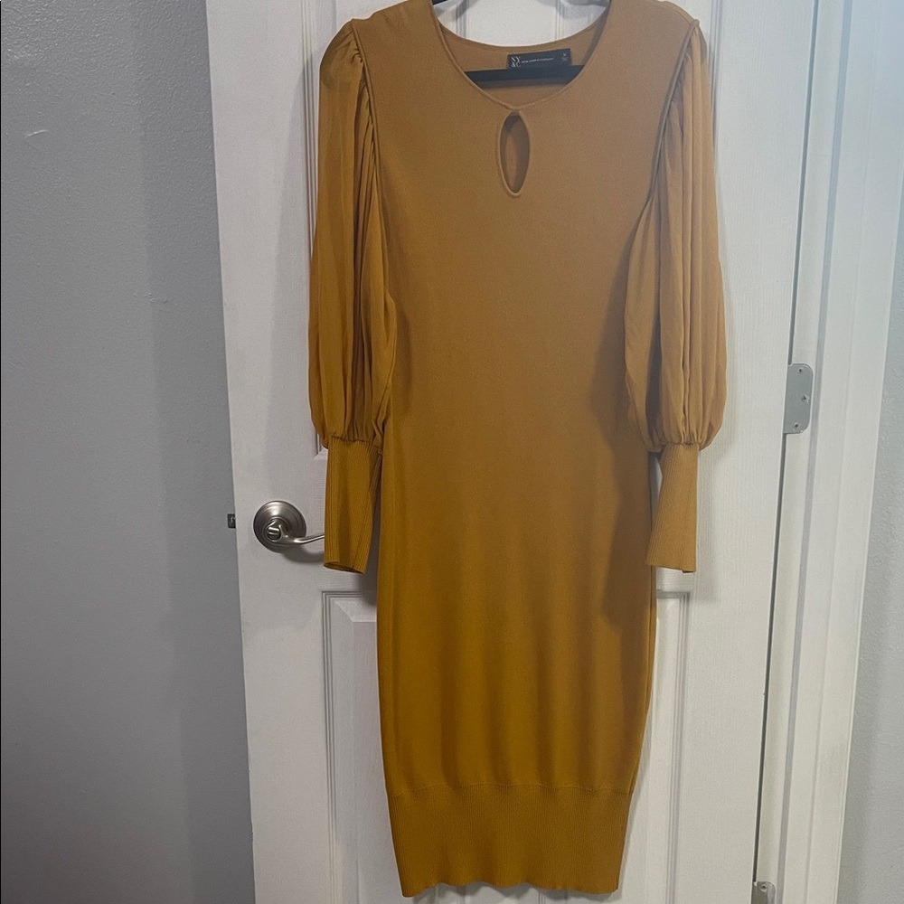 New York & Co Elegant Mustard Dress with Keyhole Detail